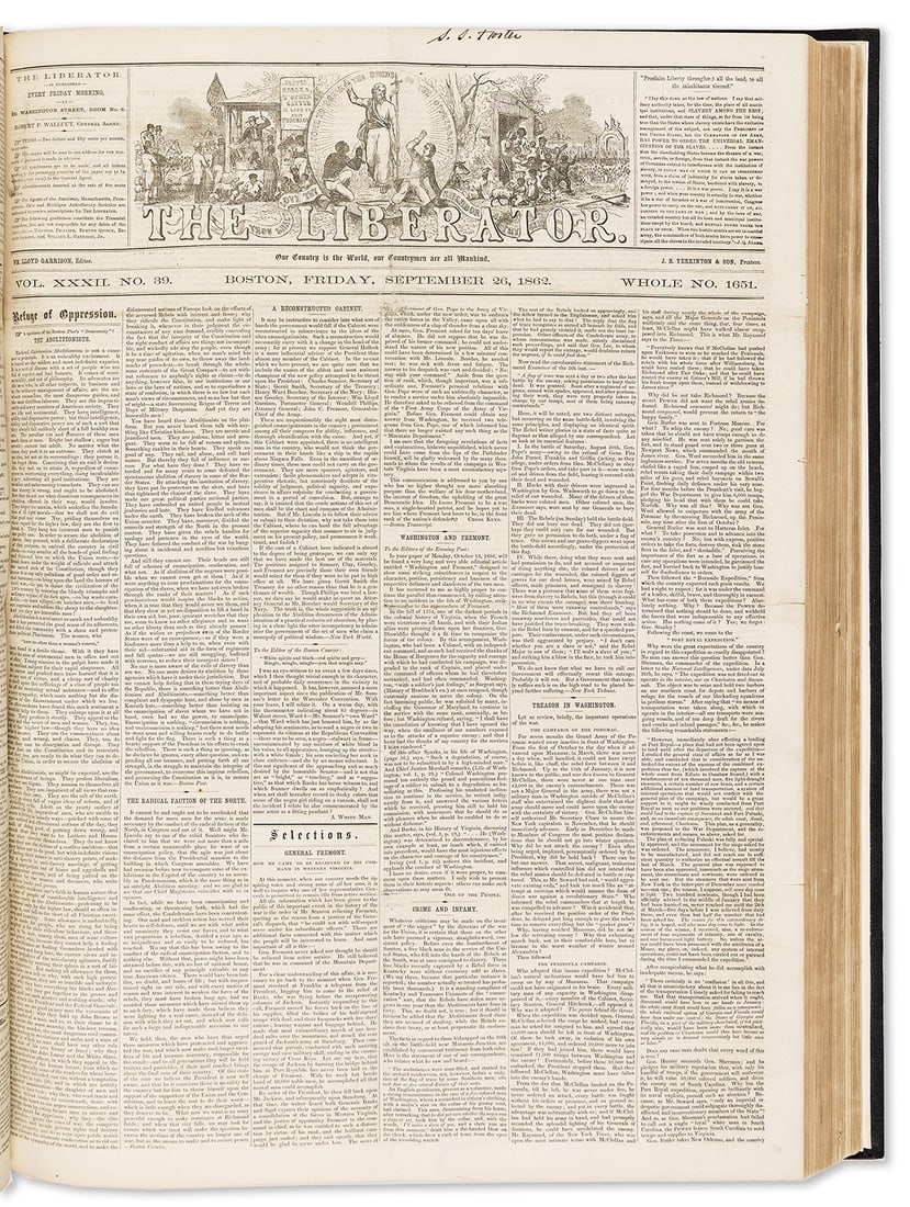 (ABOLITION.) Bound volume of "The Liberator" spanning the five Civil War years. (1 of 3)