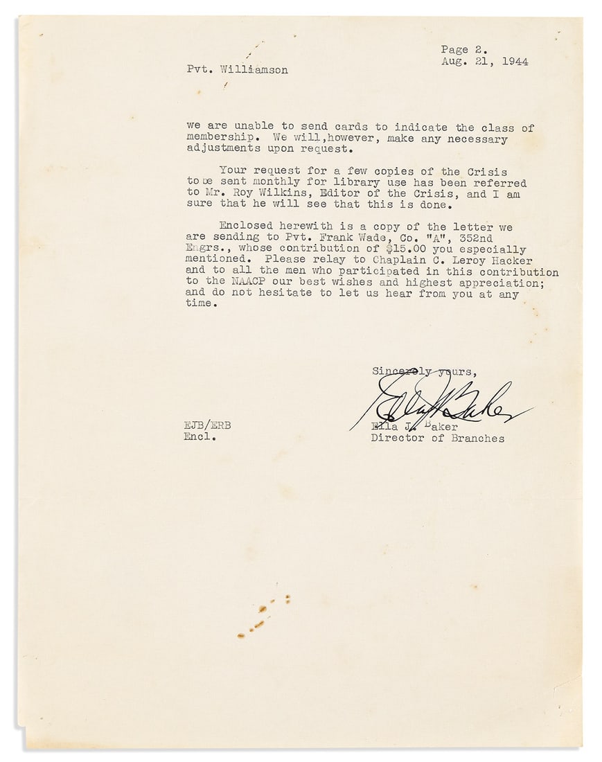 (CIVIL RIGHTS.) Ella J. Baker. Partial letter signed by the important NAACP and SNCC leader. (1 of 1)