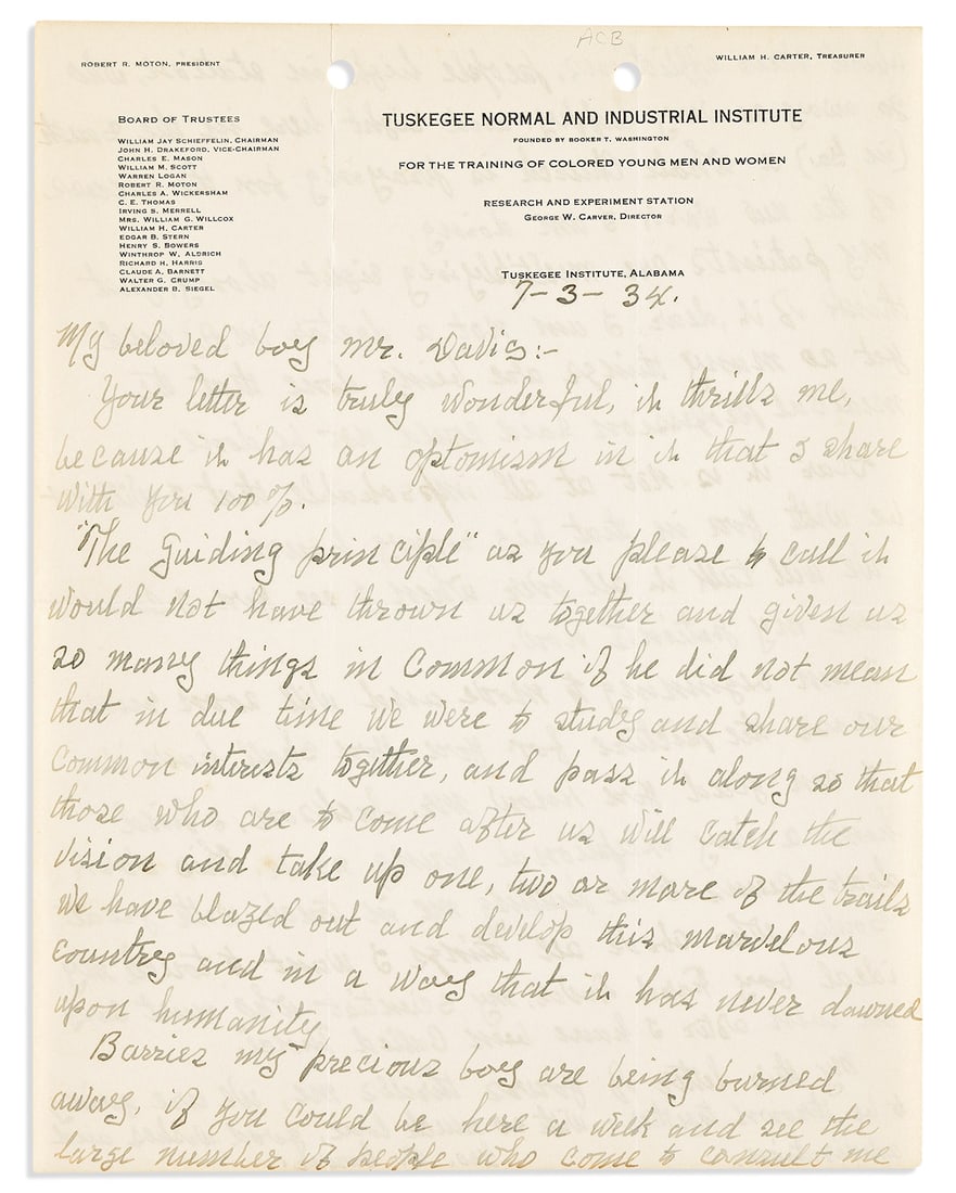 (SCIENCE.) George Washington Carver. Letter announcing that "barriers, my precious boy, are being (1 of 2)