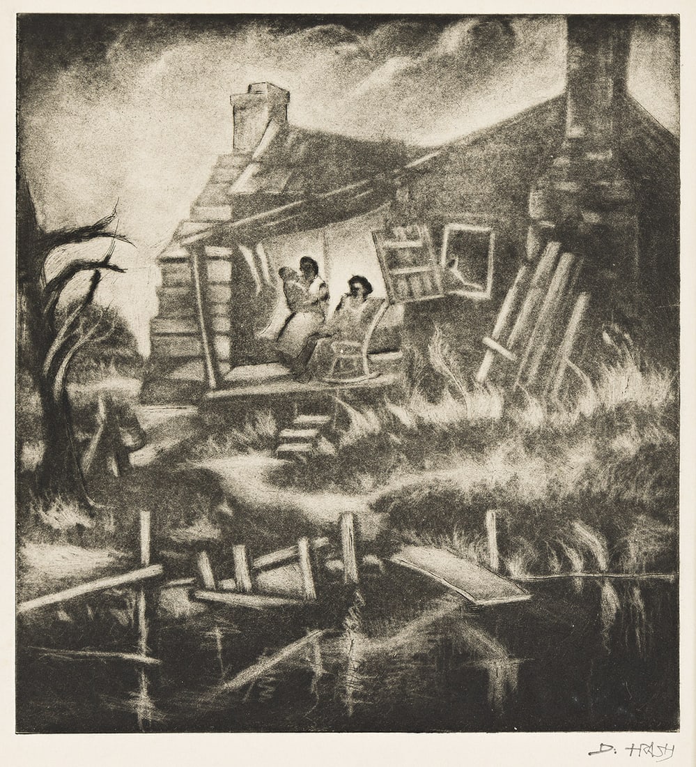 DOX THRASH (1893 - 1965) Cabin Days.: DOX THRASH (1893 - 1965) Cabin Days. Carborundum mezzotint on cream wove paper, 1938-1939. 254x232 mm; 10x9 ⅛ inches, wide margins. Proof, aside from an unknown edition. A posthumous impression,