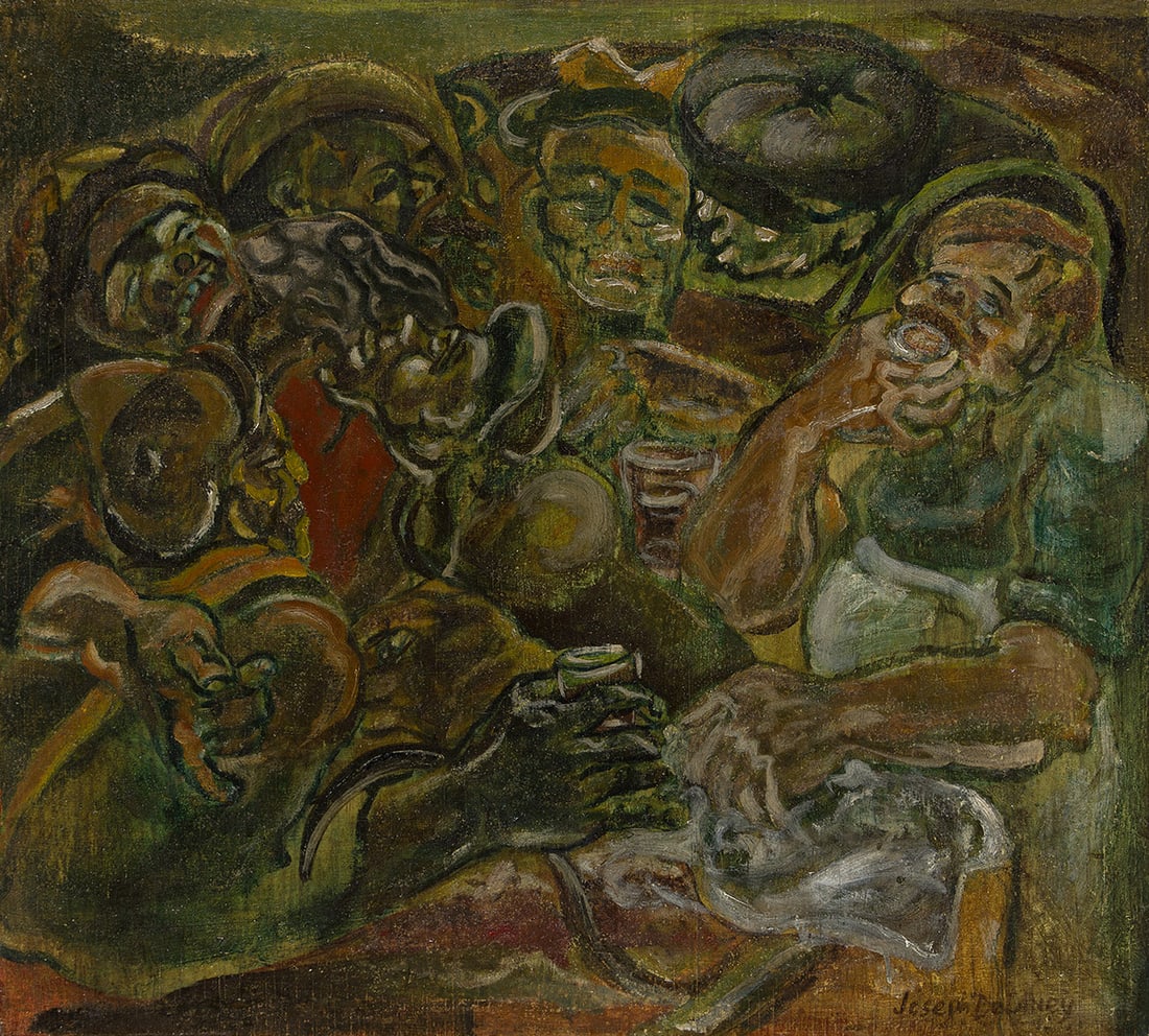 JOSEPH DELANEY (1904 - 1991) Wild Joke.: JOSEPH DELANEY (1904 - 1991) Wild Joke. Oil on wood panel, 1940. 533x597 mm; 21x23½ inches. Signed in oil, lower right recto. Signed and titled in ink, verso. Provenance: the estate of the artist