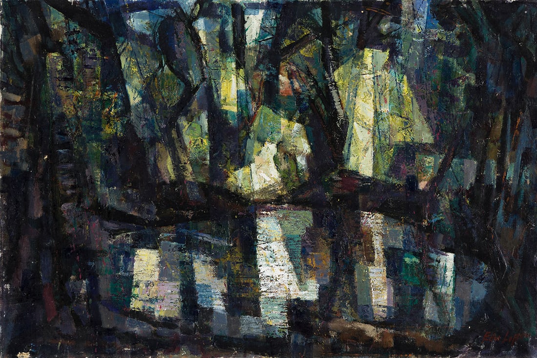 EDWARD L. LOPER, SR. (1916 - 2011) Woodland Pool.: EDWARD L. LOPER, SR. (1916 - 2011) Woodland Pool. Oil on linen canvas, circa 1970. 610x914 mm; 24x36 inches. Signed in oil, lower right recto. Titled in ink on the upper stretcher bar, verso. Provenan