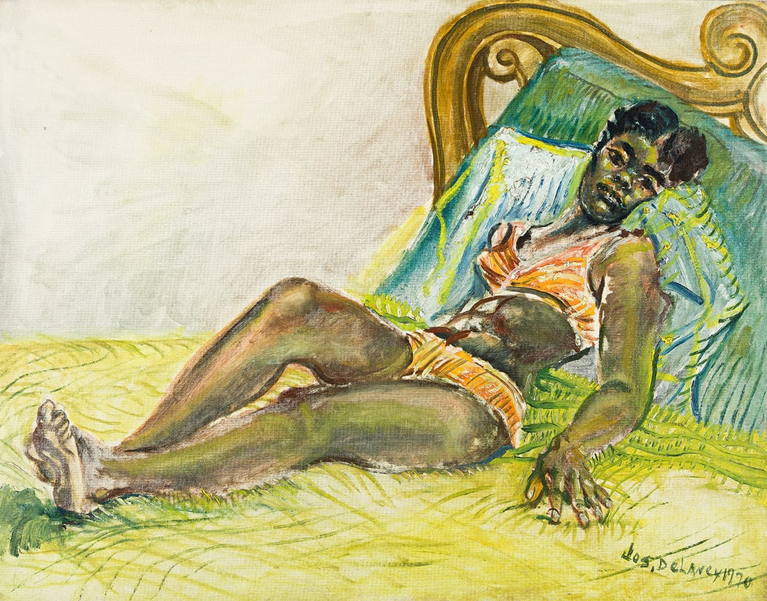JOSEPH DELANEY (1904 - 1991) Untitled (Lounging).: JOSEPH DELANEY (1904 - 1991) Untitled (Lounging). Oil on canvas board, 1970. 559x711 mm; 22x28 inches. Signed and dated in oil, lower right. Provenance: the estate of the artist; private collection.