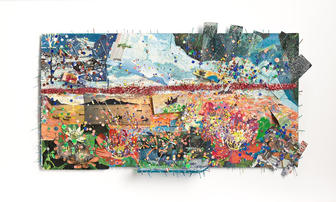 HOWARDENA PINDELL (1943 - ) Skowhegan Series: Lake Lillies for Karen.: HOWARDENA PINDELL (1943 - ) Skowhegan Series: Lake Lillies for Karen. Tempera, gouache, postcards, punched paper, nails, fluorescent paint, glitter and thread on board, 1980-81. Approximately 356x610