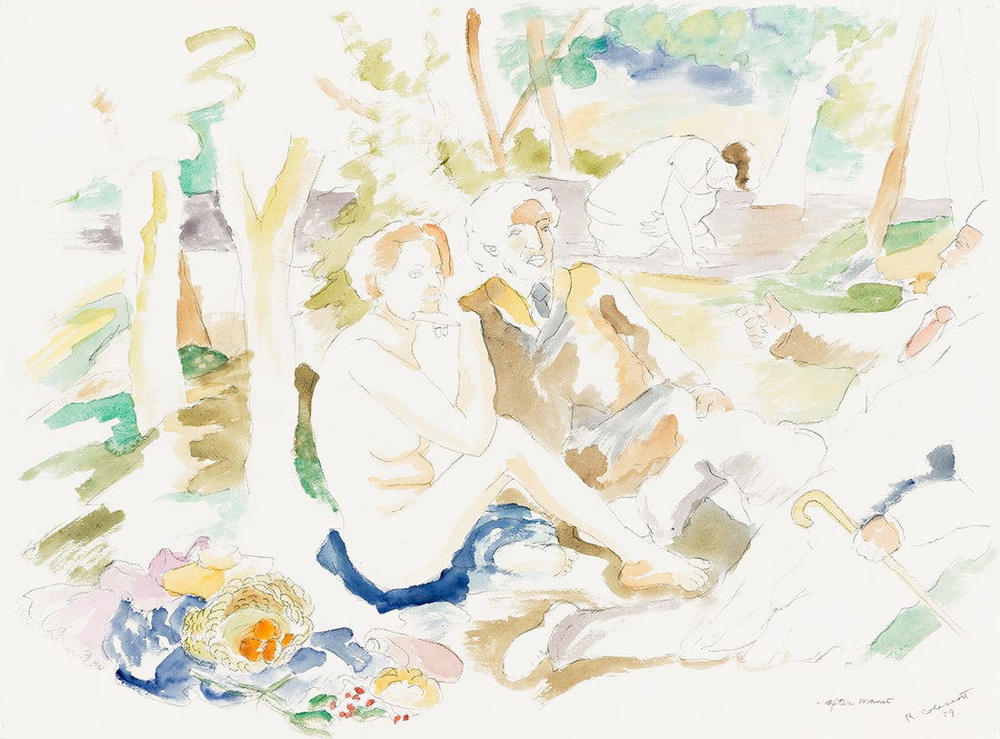 ROBERT COLESCOTT (1925 - 2009) Le Déjeuner sur L'Herbe, I (After Manet).: ROBERT COLESCOTT (1925 - 2009) Le Déjeuner sur L'Herbe, I (After Manet). Watercolor and graphite on paper, 1979. 559x762 mm; 22x30 inches. Signed, dated, and titled "After Manet" in pencil, lower