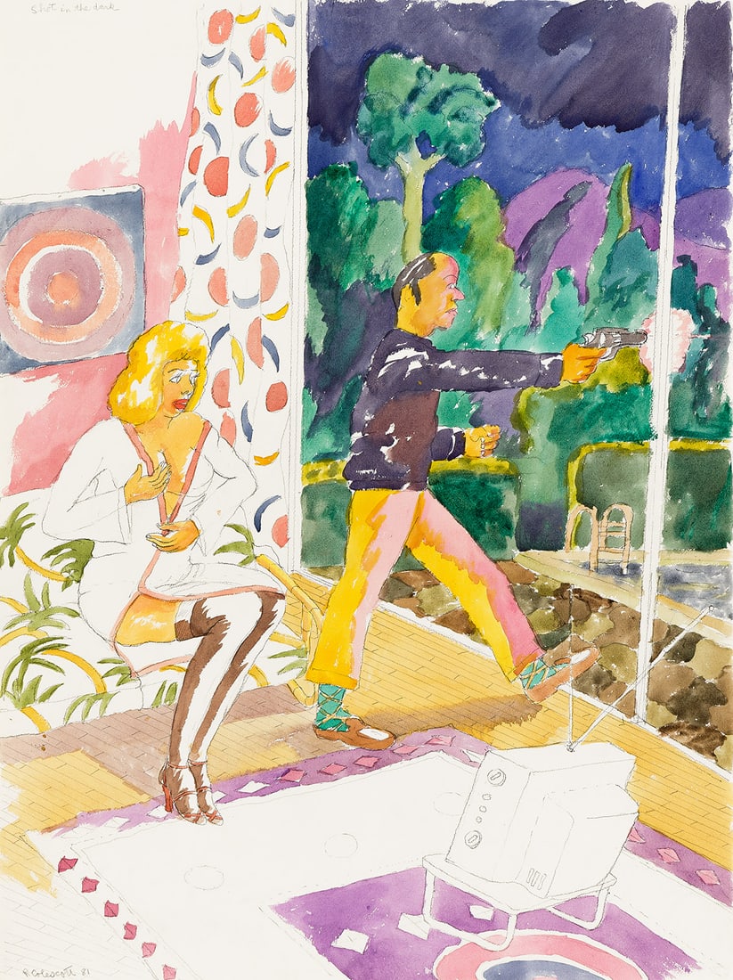 ROBERT COLESCOTT (1925 - 2009) Shot in the Dark.: ROBERT COLESCOTT (1925 - 2009) Shot in the Dark. Watercolor and graphite on Arches paper, 1981. 762x559 mm; 30x22 inches. Signed and dated in pencil, lower right. Provenance: acquired from Blum & Poe