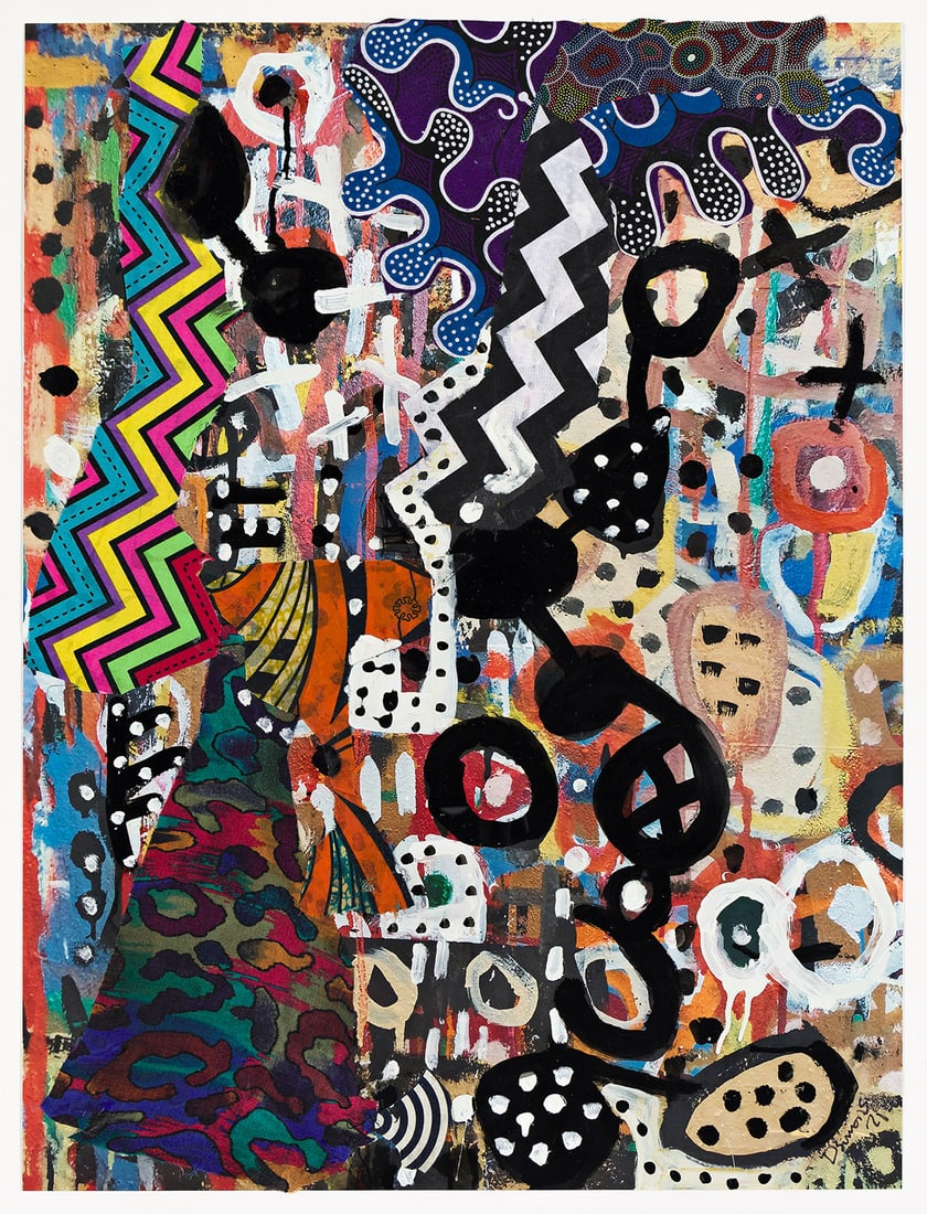 DANNY SIMMONS (1953 - ) Imma Zig then Zag.: DANNY SIMMONS (1953 - ) Imma Zig then Zag. Oil and collaged fabric on digital inkjet print, 2021. 762x559 mm; 30x22 inches. Signed and dated in ink, lower right. Provenance: gift of the artist. A uniq