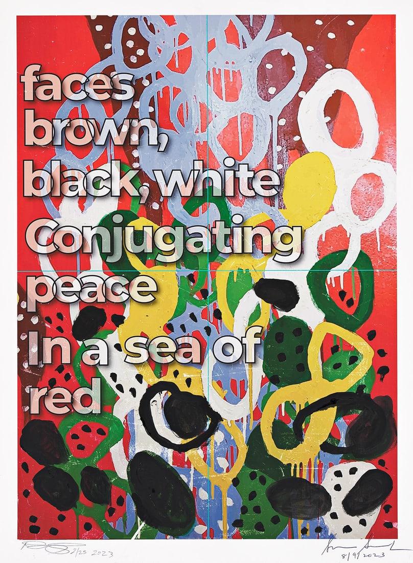 DANNY SIMMONS (1953 - ) My Crazy Red Rooster.: DANNY SIMMONS (1953 - ) My Crazy Red Rooster. Oil on digital inkjet print, 2021. 559x460 mm; 22x16 inches, full margins. Edition of 25. Signed by the artist and poet Sonia Sanchez and dated in ink, lo