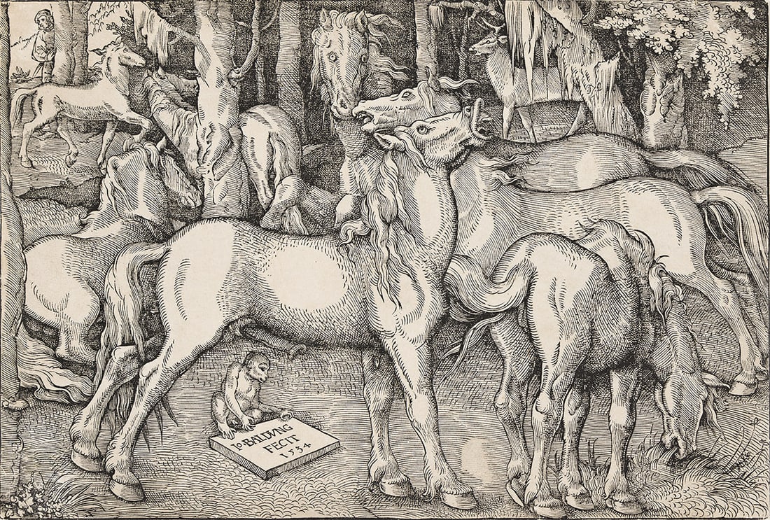 HANS BALDUNG GRIEN Group of Seven Horses.: HANS BALDUNG GRIEN Group of Seven Horses. Woodcut, 1534. 227x337 mm; 9x13⅜ inches, thread margins. Small coat-of-arms watermark. A brilliant, early impression of this extremely scarce woodcut wi