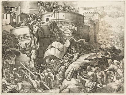 GEORG PENCZ The Capture of Carthage.: GEORG PENCZ The Capture of Carthage. Engraving, 1539. 413x552 mm; 16¼x21⅞ inches, wide margins. A superb, dark impression of this large engraving with very strong contrasts and crisp, parti