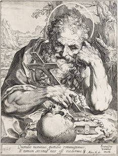 AGOSTINO CARRACCI Saint Jerome.: AGOSTINO CARRACCI Saint Jerome. Engraving, circa 1595. 198x148 mm; 8x6 inches, thread margins. Second state (of 2). A superb impression with very strong contrasts and no sign of wear. According to Boh