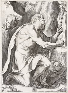 AGOSTINO CARRACCI Saint Jerome.: AGOSTINO CARRACCI Saint Jerome. Engraving, circa 1602. 384x276 mm; 15¼x10¾ inches, small margins. Fourth state (of 4). A superb, richly-inked and dark impression of this scarce engraving, wi