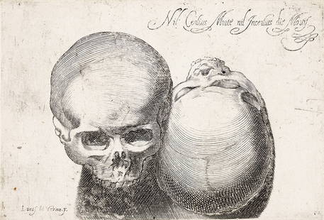 LUCA CIAMBERLANO (AFTER AGOSTINO CARRACCI) Two Skulls (Nil certius morte nil incertius die mortis).: LUCA CIAMBERLANO (AFTER AGOSTINO CARRACCI) Two Skulls (Nil certius morte nil incertius die mortis). Engraving, circa 1630. 109x158 mm; 4½x6¼ inches. Trimmed on the plate mark. A very good im