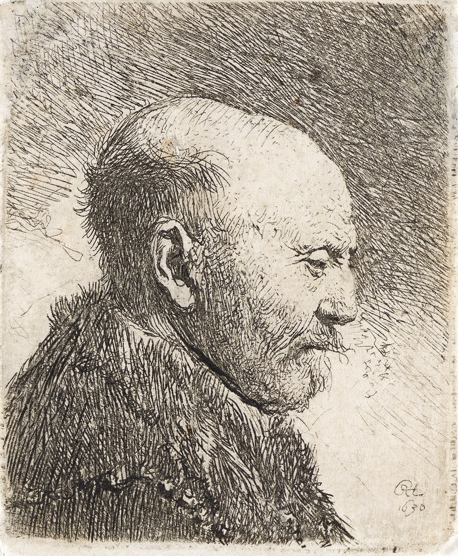 REMBRANDT VAN RIJN Bald Headed Man in Profile Right: the Artist's Father (?).: REMBRANDT VAN RIJN Bald Headed Man in Profile Right: the Artist's Father (?). Etching and drypoint, 1630. 70x58 mm; 2¾x2¼ inches, narrow to thread. Biörklund's third state (of 3), after