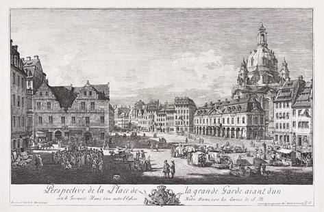 BERNARDO BELLOTTO Perspective de la Place de la grande Garde.: BERNARDO BELLOTTO Perspective de la Place de la grande Garde. Etching, 1750. 530x823 mm; 21x32½ inches, wide margins. Third state (of 4). Pine cone watermark. A superb, richly-inked impression of