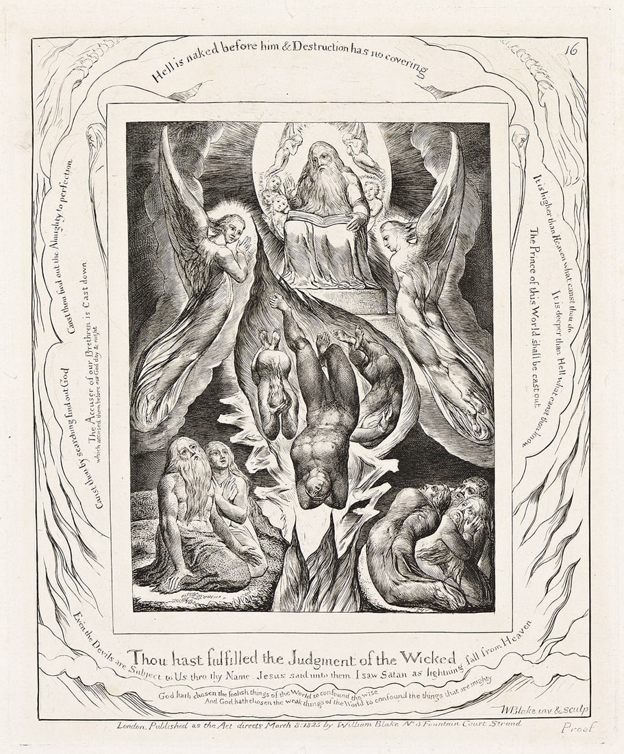 WILLIAM BLAKE Thou Hast Fulfilled the Judgment of the Wicked.: WILLIAM BLAKE Thou Hast Fulfilled the Judgment of the Wicked. Engraving, 1825. 196x161 mm; 7¾x6¼ inches, wide margins. Edition of 215, an early impression with the word "Proof" engraved lowe