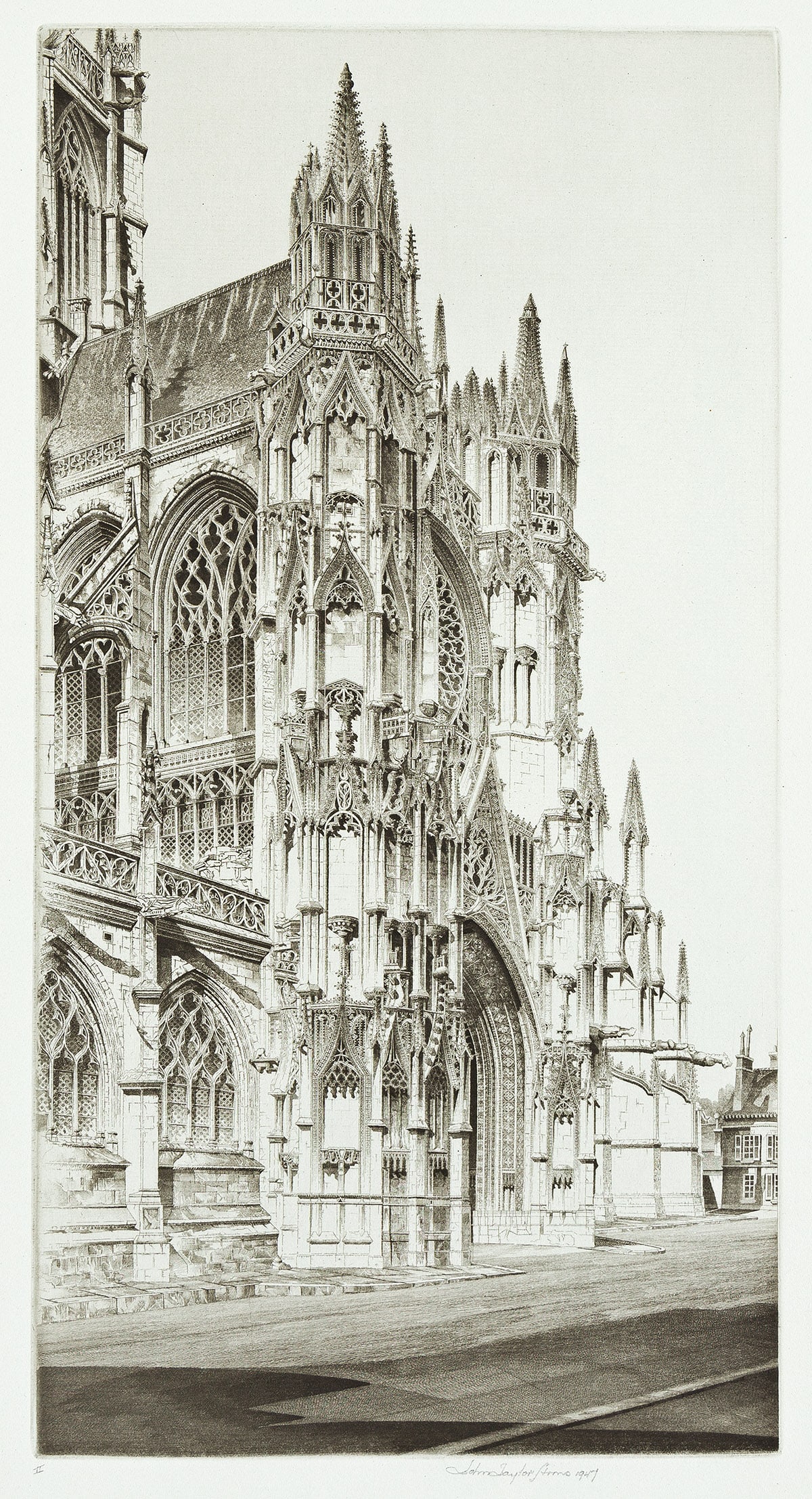 JOHN TAYLOR ARMS Memento Vivere, Notre Dame, Evreux.: JOHN TAYLOR ARMS Memento Vivere, Notre Dame, Evreux. Etching on pale green laid paper, 1947. 343x180 mm; 13½x7⅛ inches, full margins. Second state (of 2). Edition of 198. Signed, dated and