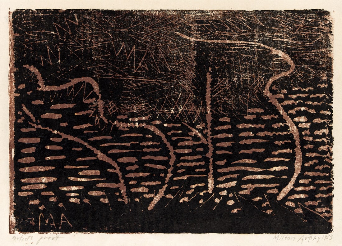 MILTON AVERY Trees by the Sea.: MILTON AVERY Trees by the Sea. Color woodcut printed in brown and black on Japan paper, 1953. 248x353 mm; 9¾x13¾ inches, full margins. Artist's proof, aside from the edition of 20. Signed, d