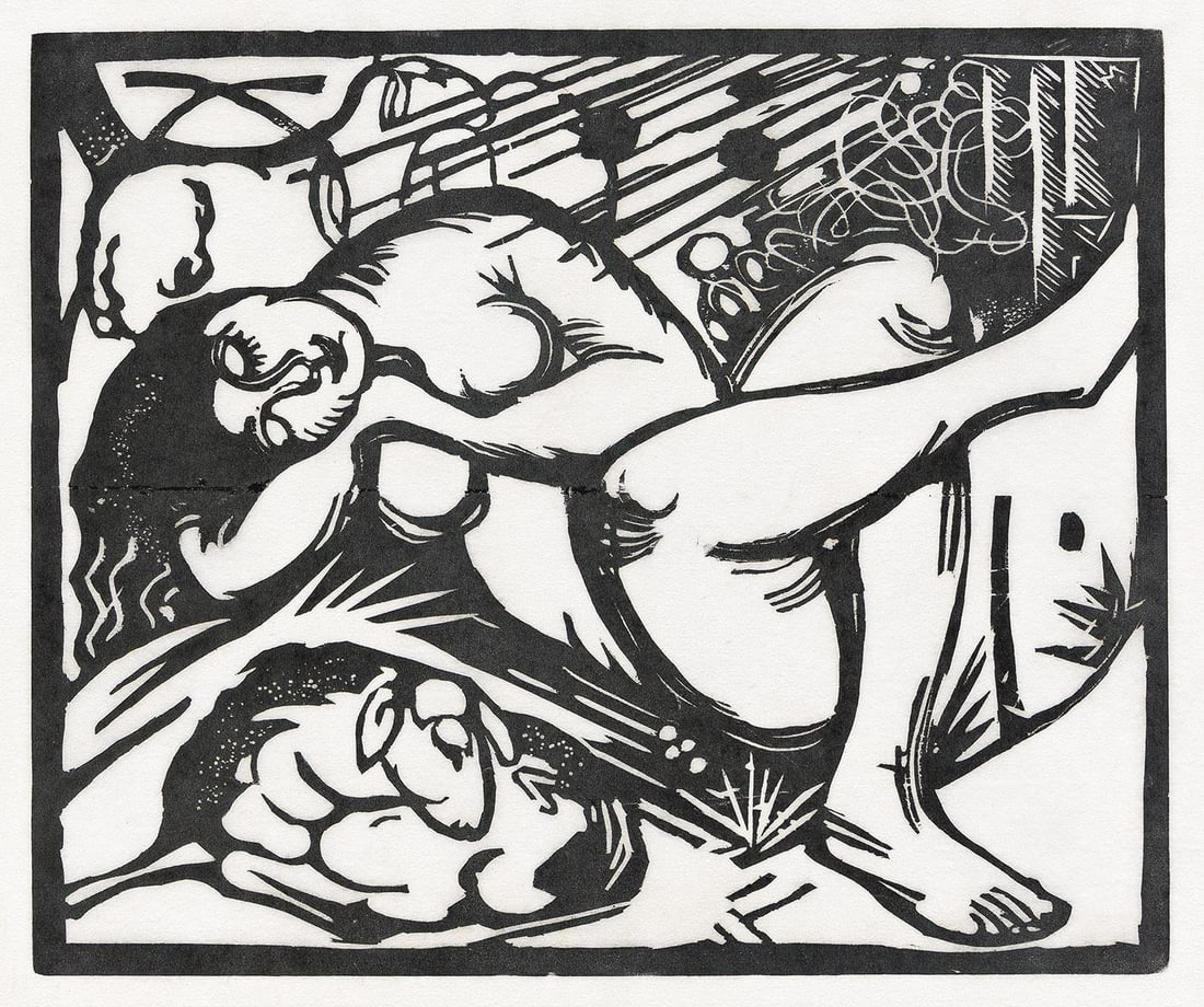 FRANZ MARC Die Schlafende Hirtin.: FRANZ MARC Die Schlafende Hirtin. Woodcut on tissue thin Japan paper, 1912. 200x240 mm; 7⅞x9⅜ inches, full margins. Signed and titled by the artist's wife, Maria Marc, in pencil, verso. A