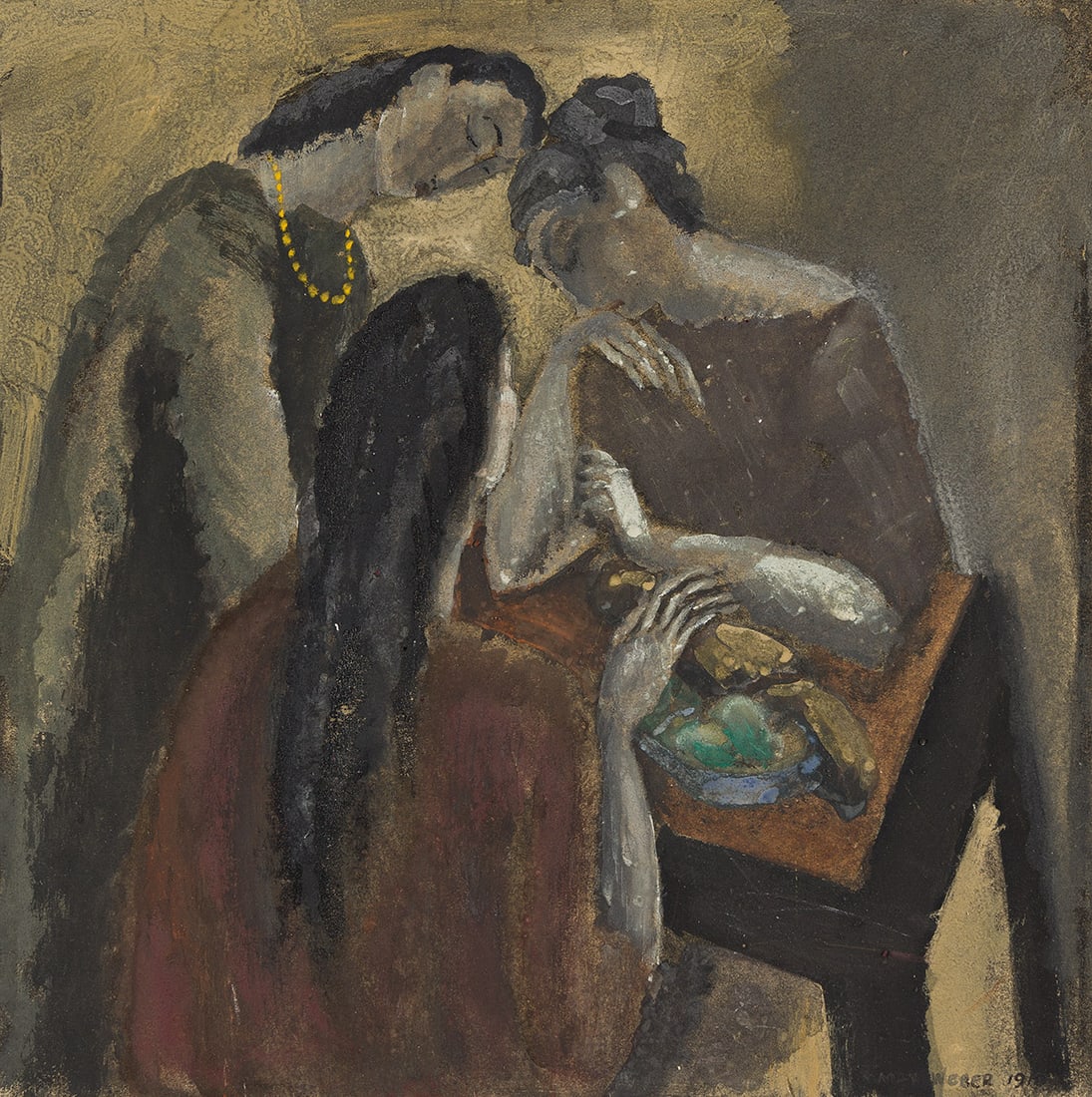MAX WEBER (1881 - 1961, RUSSIAN/AMERICAN) Three Women.: MAX WEBER (1881 - 1961, RUSSIAN/AMERICAN) Three Women. Gouache on paper laid to card, 1910. Signed, Weber, and dated, 1910, lower right. 230x230 mm; 9x9 inches, (image). 350x330 mm; 13¾x13 inches