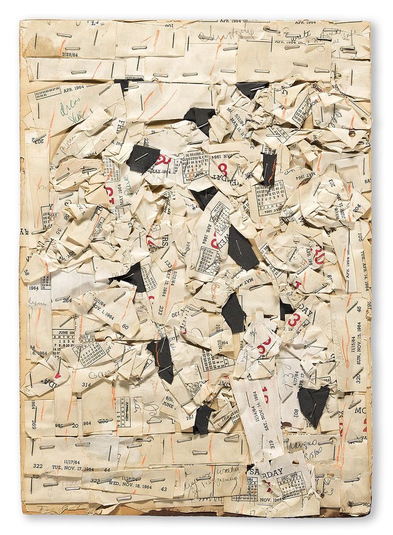 JACK TWORKOV (1900 - 1982, POLISH/AMERICAN) Calendar Collage.: JACK TWORKOV (1900 - 1982, POLISH/AMERICAN) Calendar Collage. Paper collage and metal staples on board, 1968. Signed, Jack Tworkov, dated, 68, and inscribed, Calendar collage made in P'town Summer 196