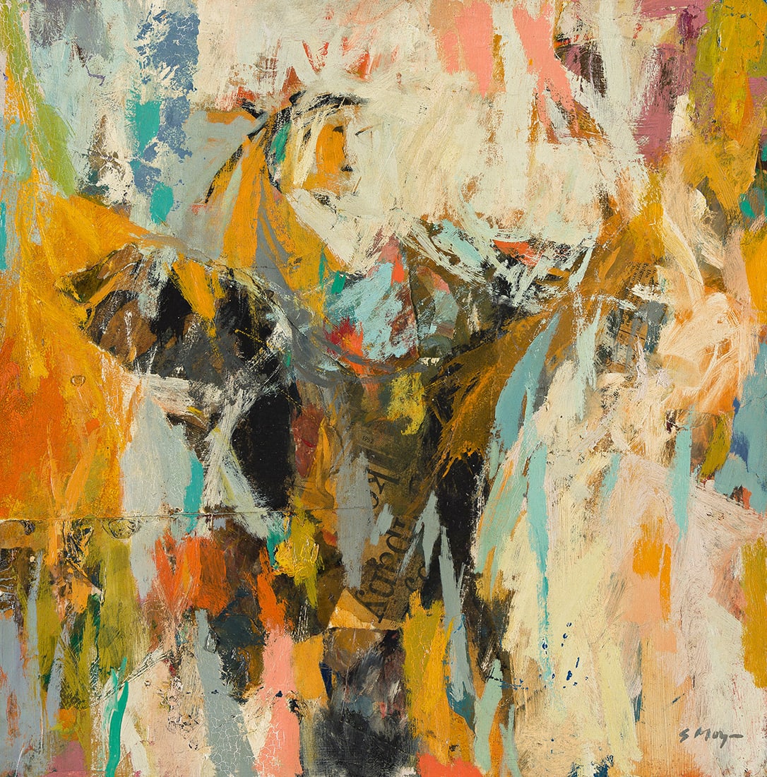 SEONG MOY (1921 - 2013, CHINESE/AMERICAN) The Mandarin Robe.: SEONG MOY (1921 - 2013, CHINESE/AMERICAN) The Mandarin Robe. Oil and collage on masonite. Signed, S Moy, loer right. 394x394 mm; 15½x15½ inches.