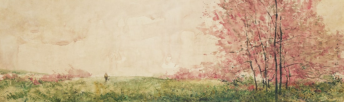 CHI CHEN (1912 - 2005, CHINESE/AMERICAN) Spring Time.: CHI CHEN (1912 - 2005, CHINESE/AMERICAN) Spring Time. Watercolor on paper laid to masonite, 1959. Signed, Chen Chi, and dated, 1959, lower right. 324x1015 mm; 12¾x40 inches. Provenance: [Salmagun