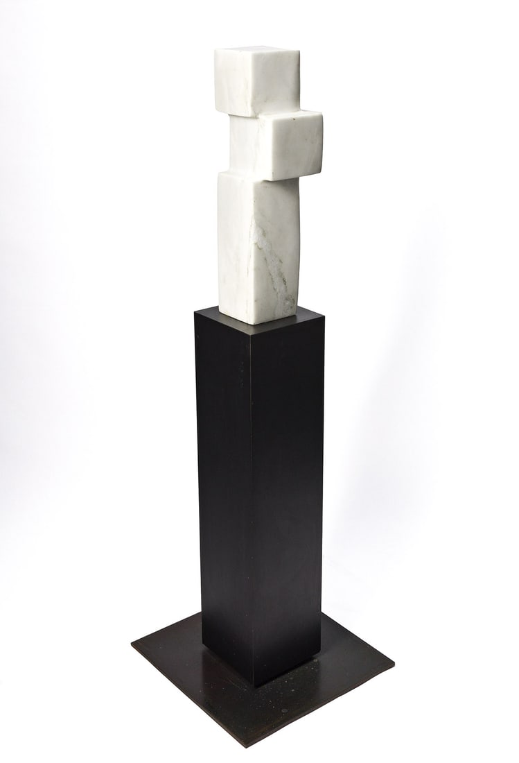 MINORU NIIZUMA (1930 - 1998, JAPANESE) Untitled.: MINORU NIIZUMA (1930 - 1998, JAPANESE) Untitled. Danby imperial white marble mounted with a metal rod on a wood and steel base, 1968. Incised with artist's mark and dated, 68. 565x152x160 mm; 22¼