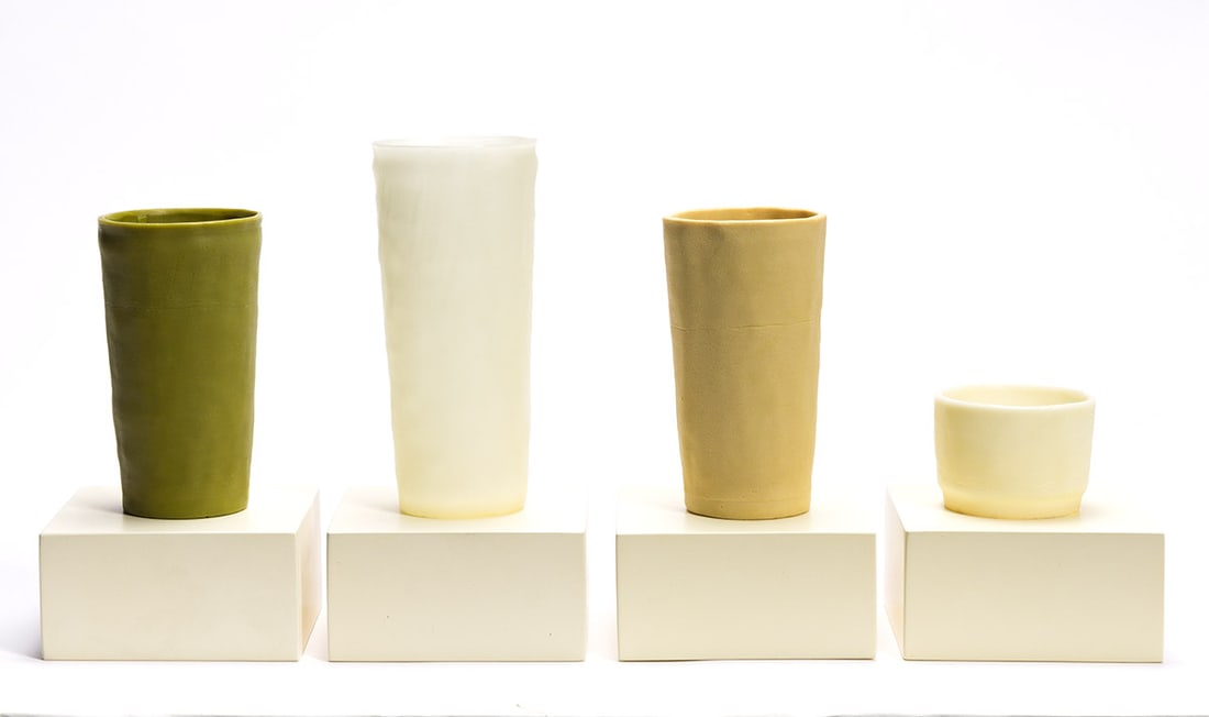 GEORGE STOLL (B. 1954, AMERICAN) Untitled.: GEORGE STOLL (B. 1954, AMERICAN) Untitled. Beeswax, paraffin, and pigment with lacquered wall-mounted wooden bases, 1995. Each initialed, GS, dated, 95. 6½ inches high, tallest vessel. 4½x4&