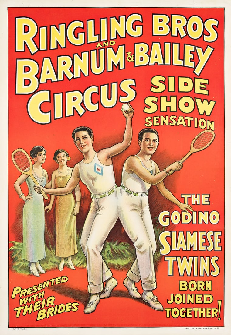 DESIGNER UNKNOWN. RINGLING BROS AND BARNUM & BAILEY CIRCUS / THE GODINO SIAMESE TWINS. Circa 1930s. (1 of 1)