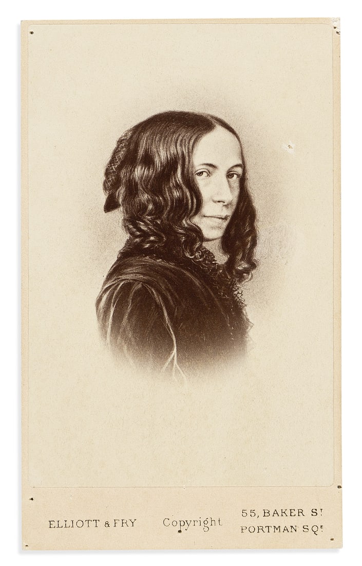 Browning, Elizabeth Barrett (1801-1861) Carte-de-visite.: Browning, Elizabeth Barrett (1801-1861) Carte-de-visite. London: Elliott & Fry, ca. 1860. Albumen photo print mounted on card (pinholes to each corner); 4 x 2 ½ in. This carte-de-visite featuring