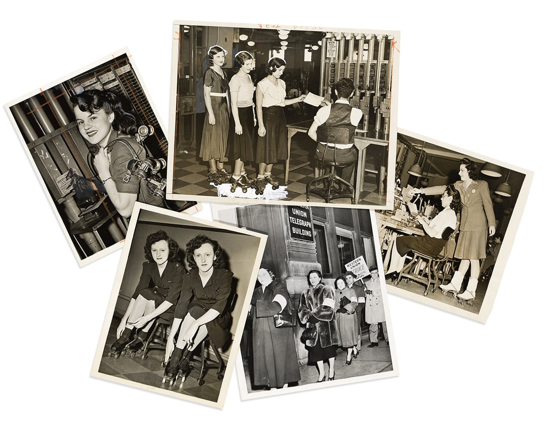 Roller Skating Telegraph Operators. Seven Press Photos from the 1930s-1950s.: Roller Skating Telegraph Operators. Seven Press Photos from the 1930s-1950s. Black-and-white images, mostly 8 x 10, showing women on skates performing their duties at Western Union Telegraph offices i