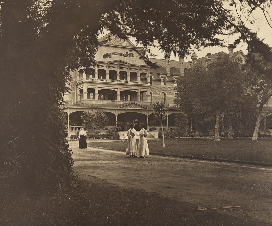 (CALIFORNIA LANDMARKS) Hotel el Paso de Robles, Hot Springs * Race Track and Polo Field from: (CALIFORNIA LANDMARKS) Hotel el Paso de Robles, Hot Springs * Race Track and Polo Field from Clubhouse, Hope Ranch, Santa Barbara. Together, 2 oversized toned silver prints, the first image measuring 