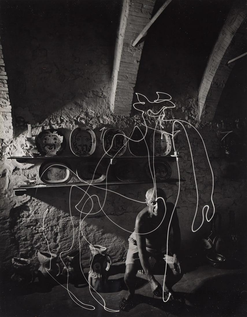 GJON MILI (1904-1984) Pablo Picasso Drawing with Light.: GJON MILI (1904-1984) Pablo Picasso Drawing with Light. Silver print, the image measuring 13¼x10⅜ inches (33.6x26.3 cm.), flush mounted. Circa 1948