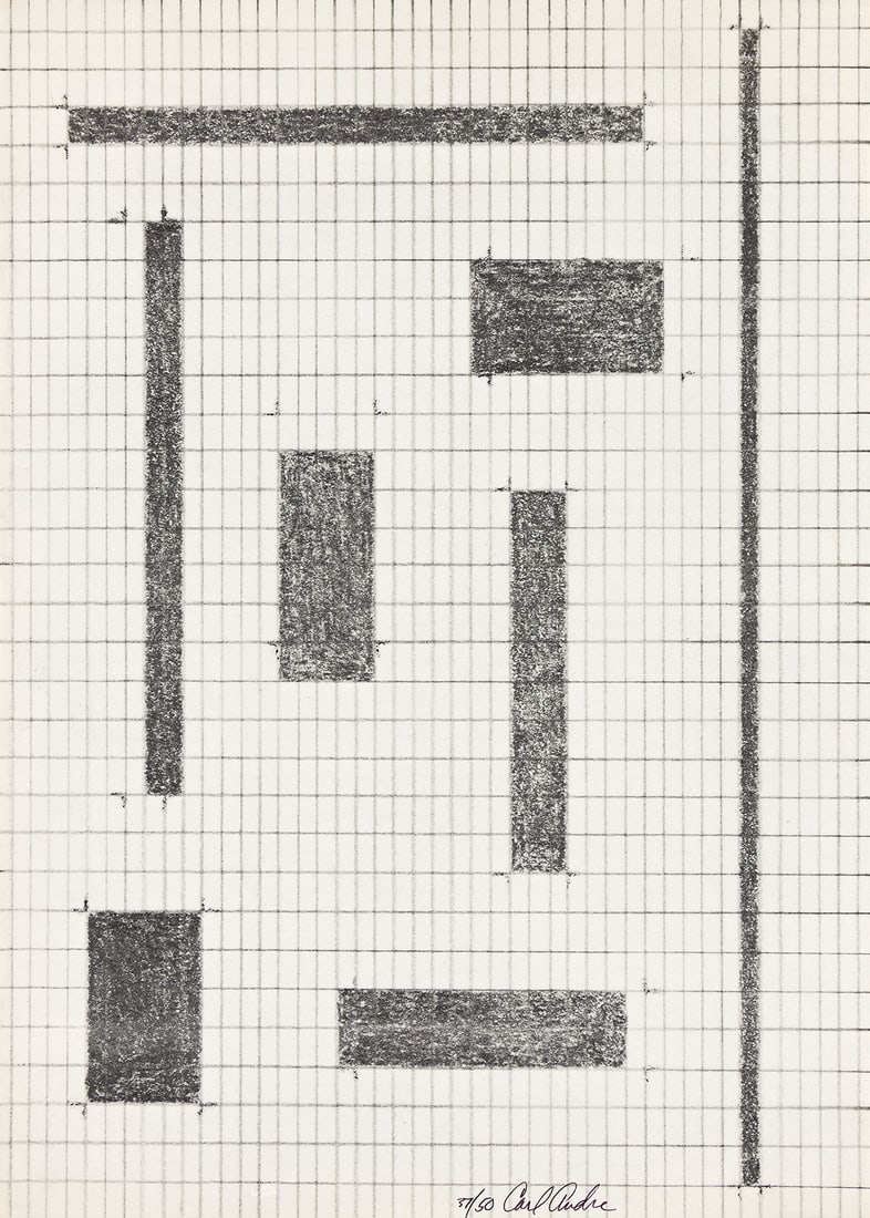 CARL ANDRE Two prints.: CARL ANDRE Two prints. Untitled (Equivalents), lithograph on white wove paper, 1960-69. 555x397 mm; 21¾x15⅝ inches (sheet), full margins. Signed and numbered 37/50 in pen and black ink, low