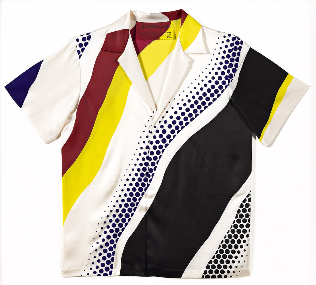 ROY LICHTENSTEIN Untitled Shirt.: ROY LICHTENSTEIN Untitled Shirt. Color screenprint on silk sateen shirt, 1979. 762x914 mm; 30x36 inches (with sleeves outstretched). With the artist's signature and date screenprinted and numbered 39/