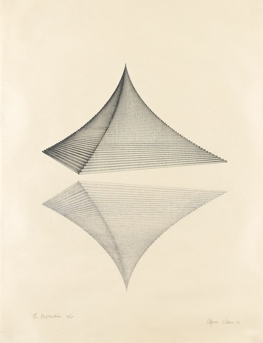 AGNES DENES The Reflection.: AGNES DENES The Reflection. Color lithograph on Japan paper, 1981. 550x447 mm; 21⅝x14⅝ inches, full margins. Signed, dated, titled and numbered 30/75 in pencil, lower margin. Printed by Fo