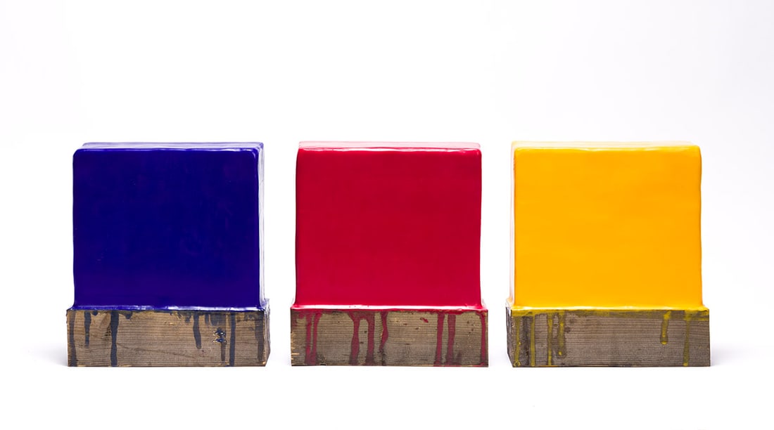 JOHANNES GIRARDONI Drip Box Triptych (Primary).: JOHANNES GIRARDONI Drip Box Triptych (Primary). Beeswax, pigment and wood, 2004. Each 245x220x90 mm; 9⅝x8⅝x3½ inches. Each initialed and dated in beeswax, verso. Provenance: Stephen H