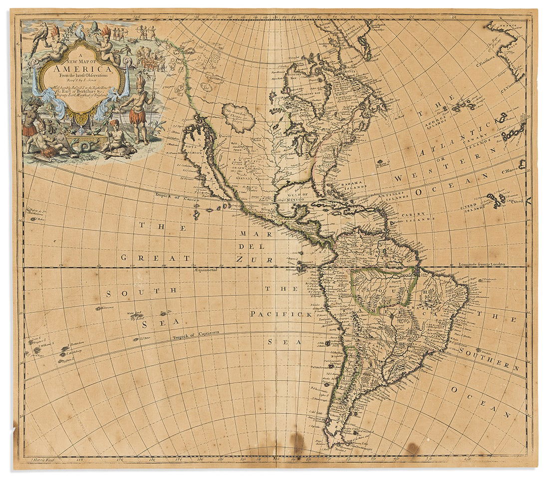 (AMERICAS.) John Senex. A New Map of America From the latest Observations.: (AMERICAS.) John Senex. A New Map of America From the latest Observations. Double-page engraved map of the Western Hemisphere with several interesting cartographic anomalies including California as an