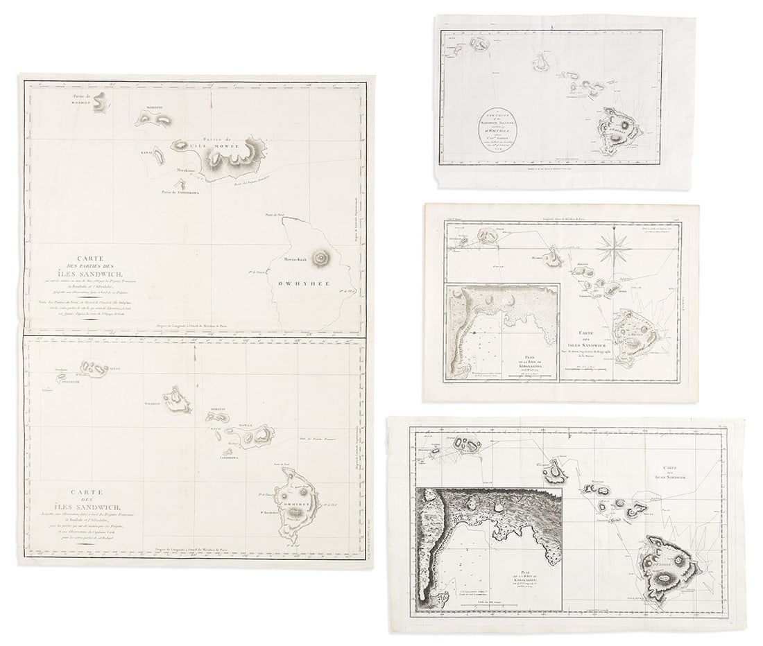 (HAWAII.) Group of 8 eighteenth-century engraved maps and coastal elevation charts.: (HAWAII.) Group of 8 eighteenth-century engraved maps and coastal elevation charts. Vp, vd• William Harrison & Co. A New Chart of the Sandwich Islands; Including Owhyhee, Where Captn. Cooke Was