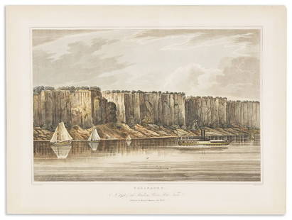 (HUDSON RIVER.) John Hill; after William Guy Wall. Palisades. No. 19 of the Hudson River Port Folio.: (HUDSON RIVER.) John Hill; after William Guy Wall. Palisades. No. 19 of the Hudson River Port Folio. Hand-colored aquatint view of a passenger steamer and sailboats under the majestic stone walls of t