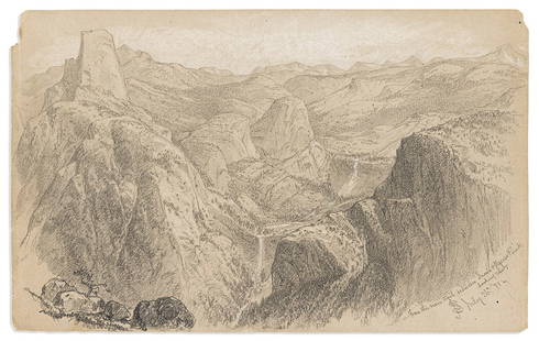 (YOSEMITE.) James David Smillie. From the New Trail Between Snow's & Glacier Point, Looking East.: (YOSEMITE.) James David Smillie. From the New Trail Between Snow's & Glacier Point, Looking East. Graphite and white crayon on paper, captioned, monogrammed, and dated lower right. 9¾x15½ in