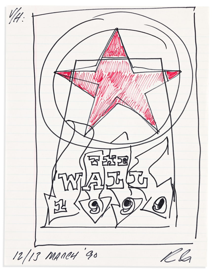 (ARTISTS.) INDIANA, ROBERT. Three ink drawings Signed, "R.I.," designs for his 1990 lithograph, The: STUDIES FOR "THE WALL" (ARTISTS.) INDIANA, ROBERT. Three ink drawings Signed, "R.I.," designs for his 1990 lithograph, The Wall, two with holograph title: "Pompidou." Each 8½x11 inches, ruled pap