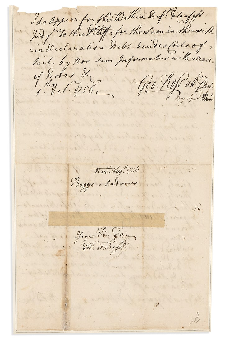 ROSS, GEORGE. Autograph Document, unsigned, with Autograph endorsement Signed, "Geo: Ross att[or]ney (1 of 2)