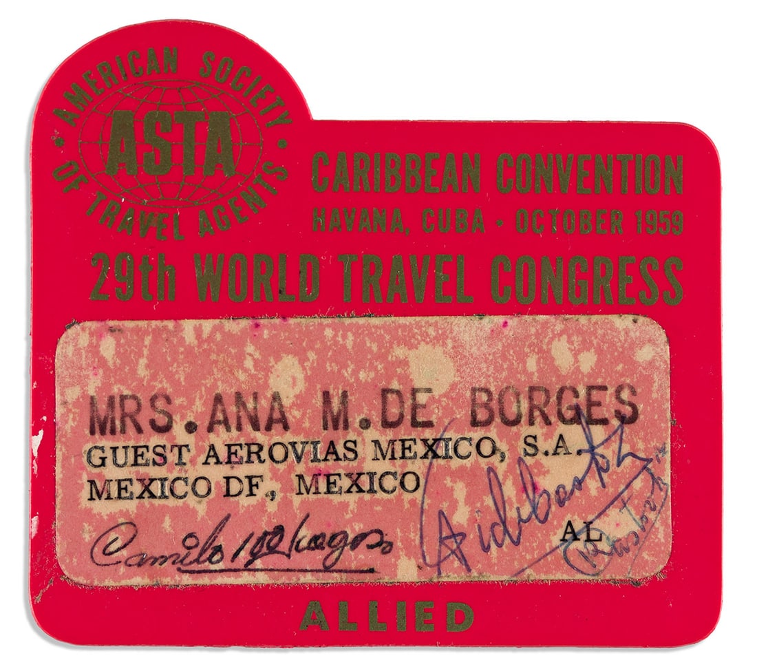 (CUBAN REVOLUTION.) CASTRO, FIDEL; RAUL CASTRO; CAMILO CIENFUEGO. Red plastic name tag Signed by eac: (CUBAN REVOLUTION.) CASTRO, FIDEL; RAUL CASTRO; CAMILO CIENFUEGO. Red plastic name tag Signed by each, "FidelCastro," "RCastro," and "Camilo 100fuegos." The name tag, printed in gold type: "American S