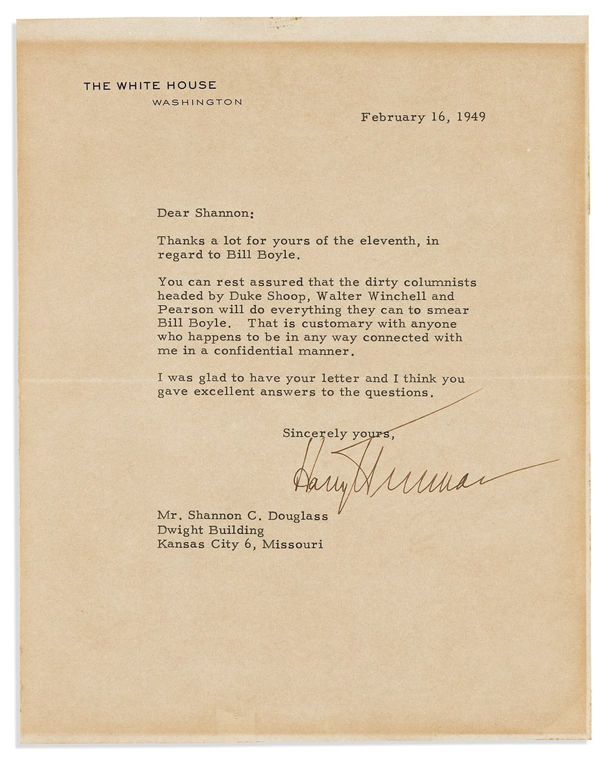 TRUMAN, HARRY S. Typed Letter Signed, as President, to Shannon C. Douglass, (1 of 1)