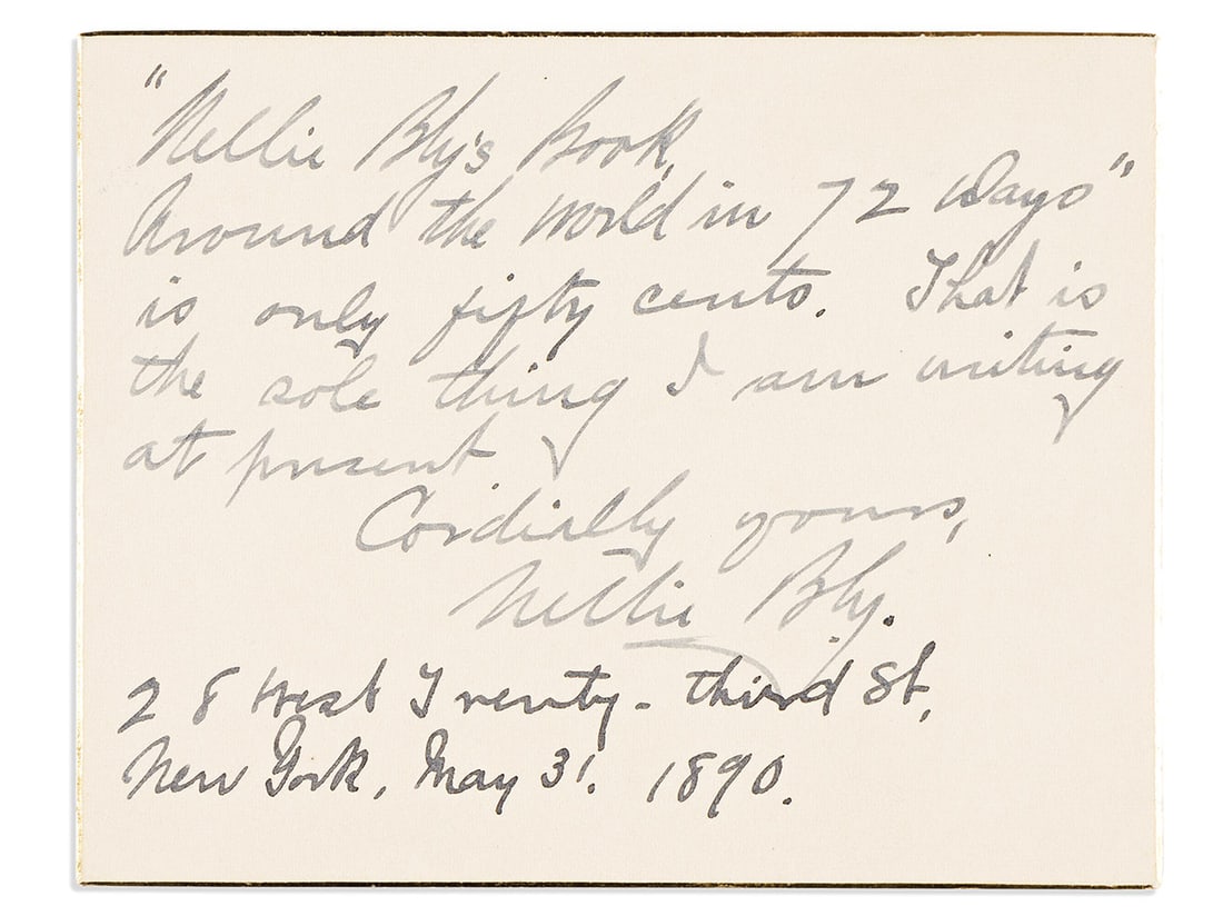 BLY, NELLIE. Autograph Note Signed, twice (one in third person within the text): (1 of 1)