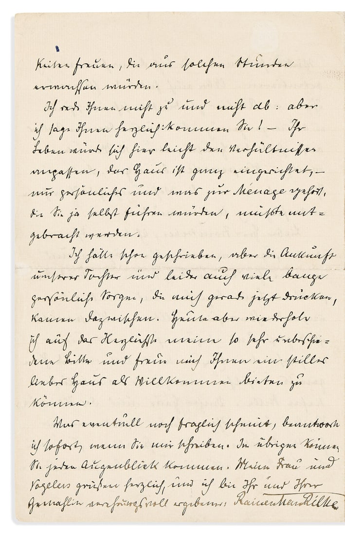 RILKE, RAINER MARIA. Autograph Letter Signed, to painter Oskar Zwintscher ("My dear Mr Zwintscher"), (1 of 2)