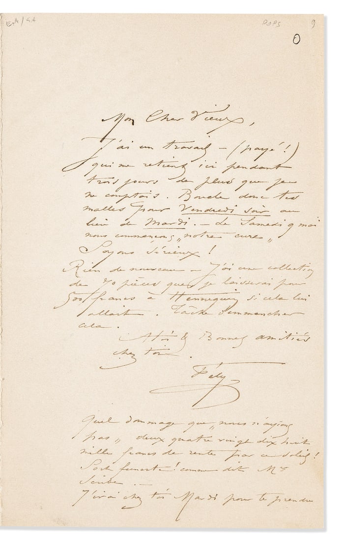 ROPS. FÉLICIEN. Autograph Letter Signed, twice, "Fély" and "F," to a collector or dealer ( (1 of 2)