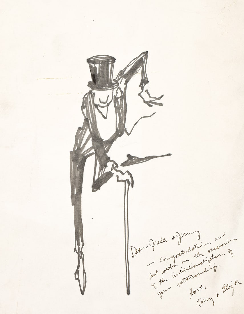 TONY AUTH (1942-2014) and DENNIS CORRIGAN (1944-2013) Jules Feiffer dancer.: TONY AUTH (1942-2014) and DENNIS CORRIGAN (1944-2013) Jules Feiffer dancer. Drawing given to Jules and Jenny Feiffer accompanied by print by Dennis Corrigan ("Queen Victoria….Troubled By Flies,"